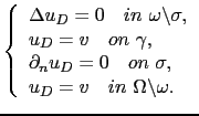 $\displaystyle \left\{ \begin{array}{l} \Delta u_D = 0 \quad in \ \omega\backsla...
...uad on\ \sigma,\\ u_D = v\quad in \ \Omega\backslash\omega. \end{array} \right.$