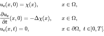 \begin{displaymath}\begin{array}{ll}
\displaystyle u_\varepsilon (x,0)=\chi(x), ...
...(x,t)=0, \quad & x \in \partial \Omega, t\in]0,T[.
\end{array}\end{displaymath}