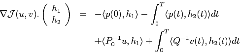 \begin{displaymath}\begin{array}{rcl} \displaystyle \nabla\mathcal{J}(u,v).\left...
...ngle + \int_0^T \langle Q^{-1}v(t),h_2(t)\rangle dt \end{array}\end{displaymath}